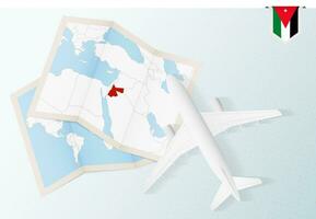 Travel to Jordan, top view airplane with map and flag of Jordan. vector