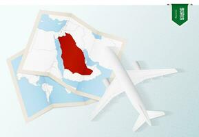 Travel to Saudi Arabia, top view airplane with map and flag of Saudi Arabia. vector