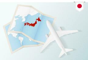 Travel to Japan, top view airplane with map and flag of Japan. vector