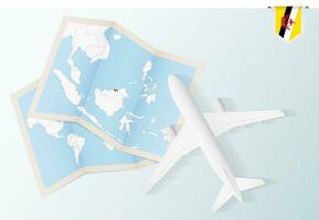 Travel to Brunei, top view airplane with map and flag of Brunei. vector