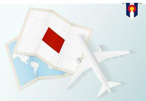 Travel to Colorado, top view airplane with map and flag of Colorado. vector