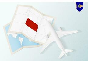 Travel to Kansas, top view airplane with map and flag of Kansas. vector