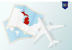 viaje a Michigan, parte superior ver avión con mapa y bandera de Michigan. vector