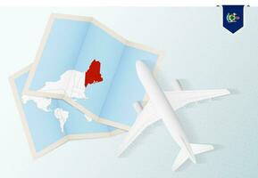 Travel to Maine, top view airplane with map and flag of Maine. vector