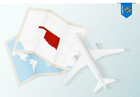 Travel to Oklahoma, top view airplane with map and flag of Oklahoma. vector