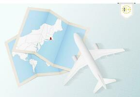 Travel to Rhode Island, top view airplane with map and flag of Rhode Island. vector