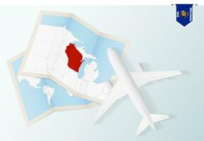 Travel to Wisconsin, top view airplane with map and flag of Wisconsin. vector