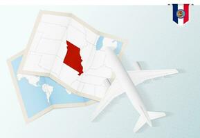 viaje a Misuri, parte superior ver avión con mapa y bandera de Misuri. vector