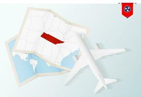 Travel to Tennessee, top view airplane with map and flag of Tennessee. vector