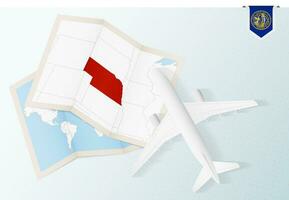 Travel to Nebraska, top view airplane with map and flag of Nebraska. vector