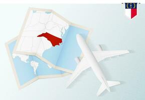 Travel to North Carolina, top view airplane with map and flag of North Carolina. vector