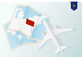 Travel to Pennsylvania, top view airplane with map and flag of Pennsylvania. vector