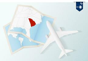 Travel to South Carolina, top view airplane with map and flag of South Carolina. vector