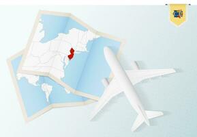 Travel to New Jersey, top view airplane with map and flag of New Jersey. vector