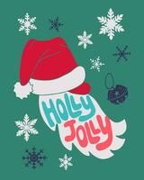 Retro groovy Christmas typographic print design with silhouette of Santa Clause and snowflakes. Hand drawn text Holly Jolly in santas beard shape. Ideal for trend printouts, shirt print, poster vector