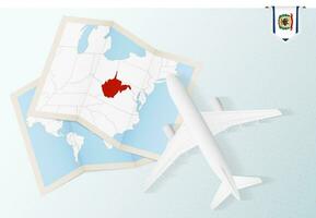 Travel to West Virginia, top view airplane with map and flag of West Virginia. vector