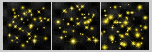 conjunto de Tres oro telones de fondo con estrellas y polvo destellos aislado en oscuro antecedentes. celebración mágico Navidad brillante ligero efecto. vector ilustración.