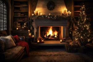 AI Generative cozy living room filled with glowing candles and a crackling fireplace photo