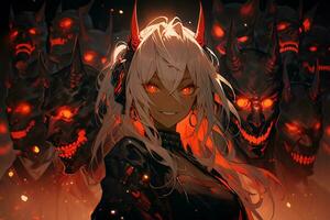 AI Generative Beautiful demon with the eyes lights up in anime style photo