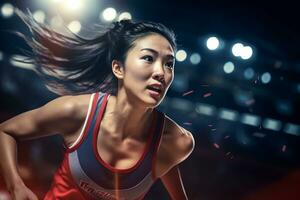 AI Generative determined Asian female athlete in action at a sports arena under vibrant stadium lights photo