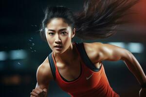 AI Generative determined Asian female athlete in action at a sports arena under vibrant stadium lights photo