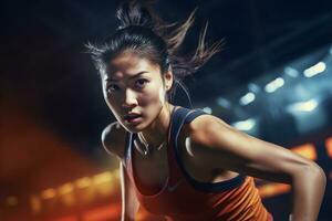 ai generativo determinado asiático hembra atleta en acción a un Deportes arena debajo vibrante estadio luces foto