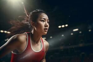 ai generativo determinado asiático hembra atleta en acción a un Deportes arena debajo vibrante estadio luces foto