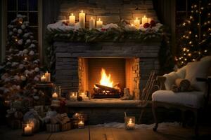 AI Generative cozy living room filled with glowing candles and a crackling fireplace photo