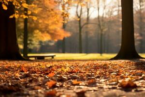 ai generativo de un sereno otoño paisaje dorado hojas cubrir el suelo foto