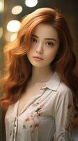 hermosa asiático niña con rojo cabello. generativo ai foto