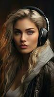 Beautiful girl wearing headset. Generative AI photo