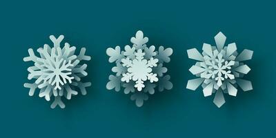 Vector set white christmas paper cut 3d snowflake with shadow on teal colored background. Winter design elements for presentation, banner, cover, web, flyer, card, sale, poster, slide and social media