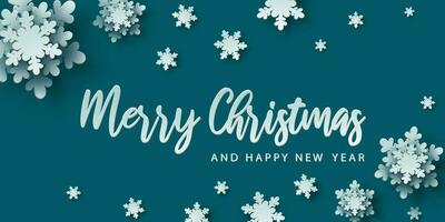 Merry christmas card banner frame with paper cut snowflakes. 3D illustration on teal colored background for presentation, banner, cover, web, flyer, card, sale, poster, slide and social media. vector