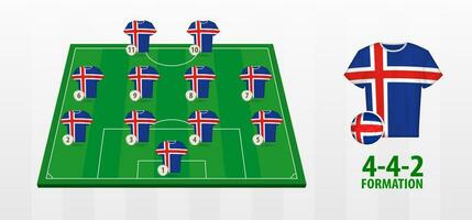 Iceland National Football Team Formation on Football Field. vector