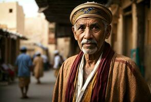 Ai generative Portrait of elderly Egyptian man in traditional clothing style, background, banner with copy space text photo