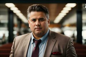 Ai generative Portrait of plus size obese ceo manager in the office, people background, banner with copy space text photo