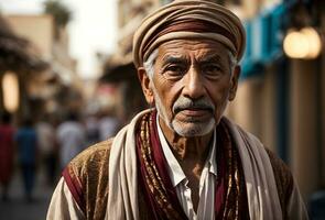 Ai generative Portrait of elderly Egyptian man in traditional clothing style, background, banner with copy space text photo