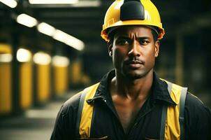 ai generativo retrato de construcción obrero, bombero con amarillo casco foto