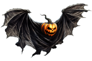 Scary, flying Halloween pumpkin, Jack O'Lantern with bat wings, on transparent background. Happy Halloween decoration. Spooky face. Cut out element. Trick or treat. AI Generated png