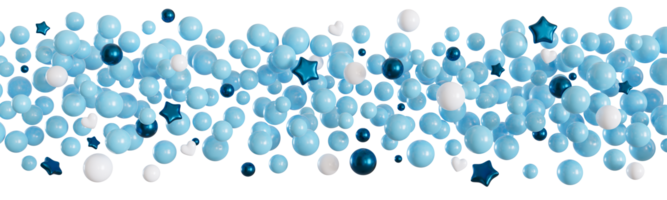 Blue balloons line on transparent background. It's a boy foreground. Border, row. Cut out graphic design elements. Happy birthday, party, baby shower decoration. Helium balloon group. 3D render. png