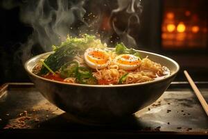 AI Generative tantalizing picture of a steaming bowl of ramen photo