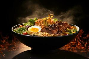 AI Generative tantalizing picture of a steaming bowl of ramen photo