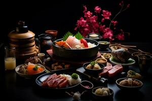 ai generativo tradicional japonés kaiseki comida presentando un hermosamente arreglado surtido de platos foto