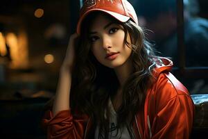 AI Generative beautiful asian baseball girl figure in casual outfit photo