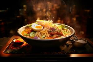 AI Generative tantalizing picture of a steaming bowl of ramen photo