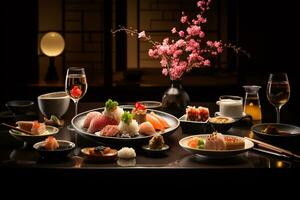 AI Generative traditional Japanese kaiseki meal featuring a beautifully arranged assortment of dishes photo