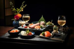 AI Generative traditional Japanese kaiseki meal featuring a beautifully arranged assortment of dishes photo