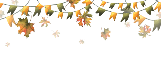 Orange autumn maple leaves with garland flags. Watercolor illustration, hand drawn. Seamless border png