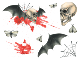 Side view of a human skull with black bat wings with a bloodstain and cobwebs for the holiday of Death Day and Halloween. Watercolor illustration, hand drawn. Set of elements png