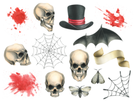 Human skulls with black bat wings, top hat, bloodstains, cobwebs, month and paper scroll for the holiday of Death Day and Halloween. Watercolor illustration, hand drawn. Set of elements. png